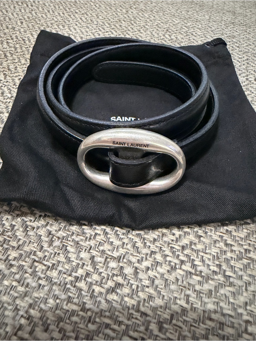 Saint Laurent Black Leather Belt with Silver Oval Logo Buckle